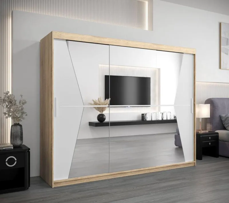 250 cm breiter Kleiderschrank mit 10 Fächern und 3 Türen | Farbe: Sonoma Eiche / Weiß Abbildung