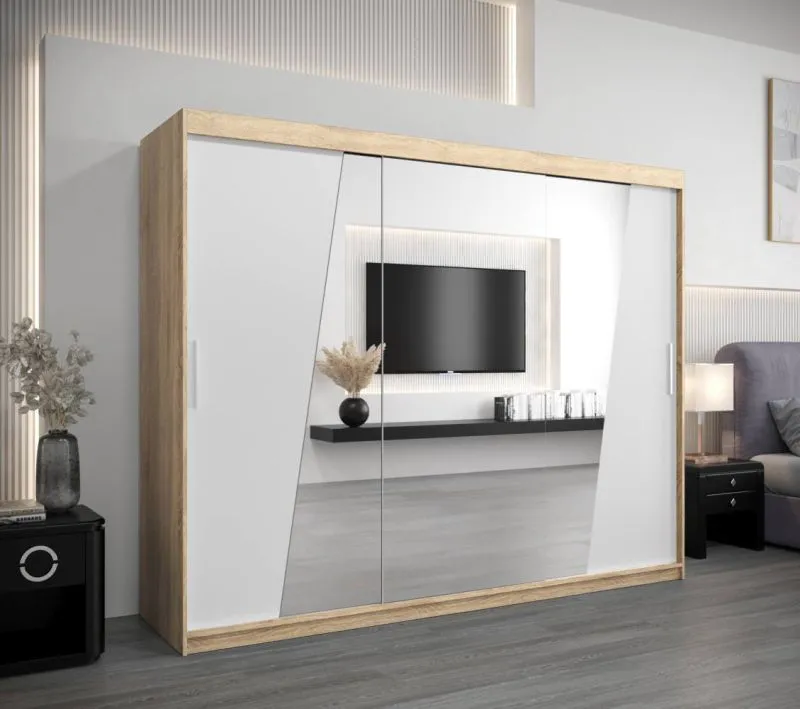 250 cm breiter Kleiderschrank mit 10 Fächern und 3 Türen | Farbe: Sonoma Eiche / Weiß Abbildung