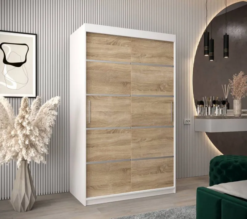 120 cm breiter Kleiderschrank mit 5 Fächern und 2 Türen | Farbe: Sonoma Eiche / Weiß Abbildung