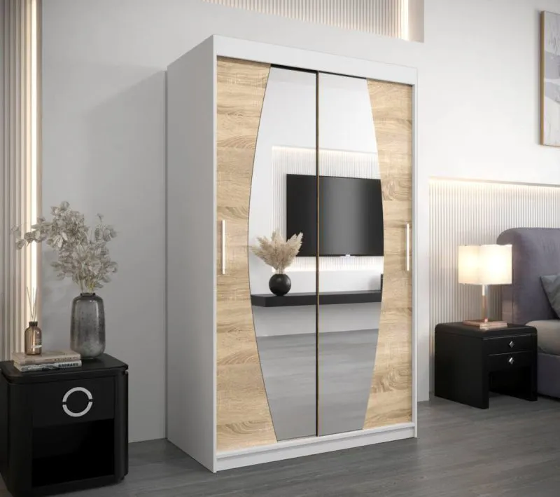120 cm breiter Kleiderschrank mit 5 Fächern und 2 Türen | Farbe: Sonoma Eiche / Weiß Abbildung