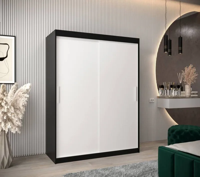 150 cm breiter Kleiderschrank mit 5 Fächern und 2 Türen | Farbe: Weiß / Schwarz Abbildung