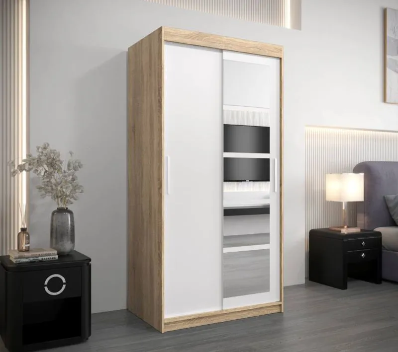 100 cm breiter Kleiderschrank mit 5 Fächern und 2 Türen | Farbe: Sonoma Eiche / Weiß Abbildung