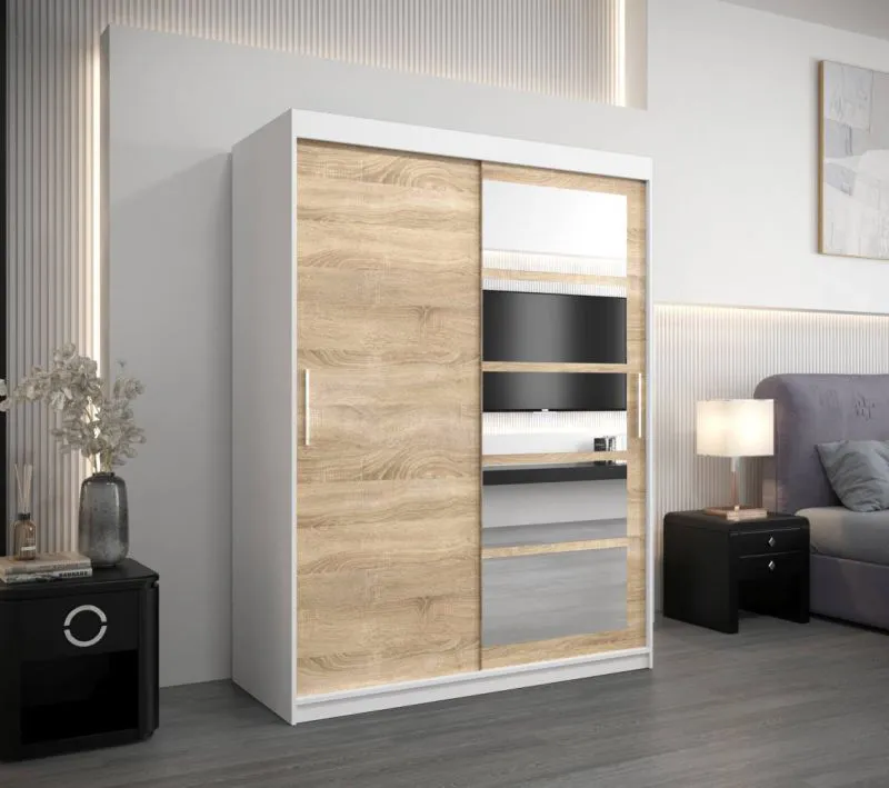 150 cm breiter Kleiderschrank mit 5 Fächern und 2 Türen | Farbe: Sonoma Eiche / Weiß Abbildung