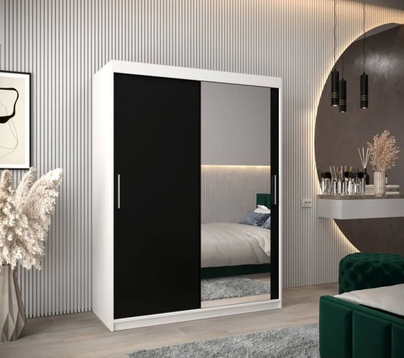 150 cm breiter Kleiderschrank mit 5 Fächern und 2 Türen | Farbe: Weiß / Schwarz Abbildung