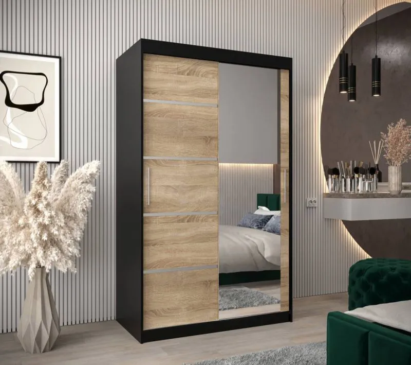 120 cm breiter Kleiderschrank mit 5 Fächern und 2 Türen | Farbe: Schwarz Abbildung