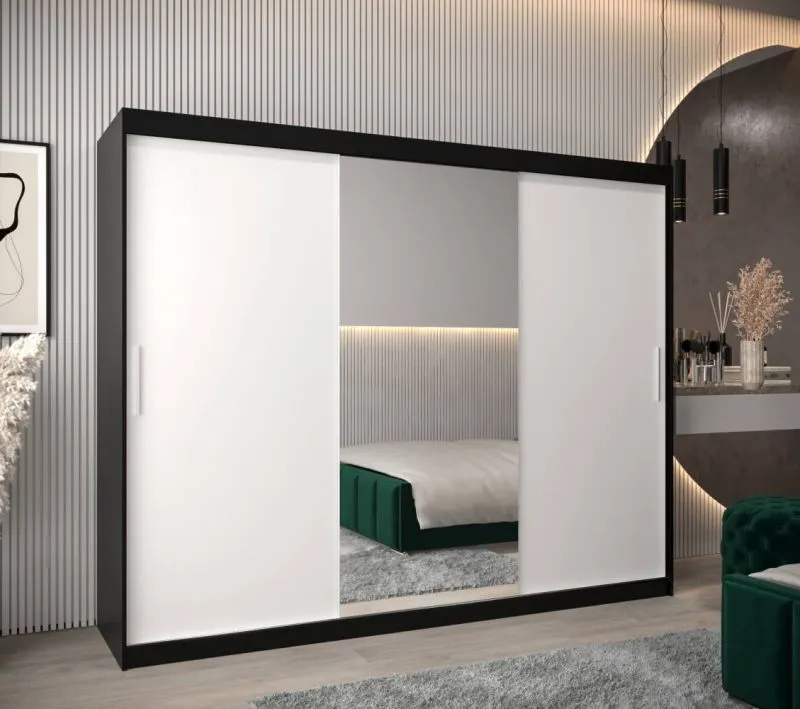 Großer 250 cm breiter Kleiderschrank mit 10 Fächern und 3 Türen | Farbe: Weiß / Schwarz Abbildung
