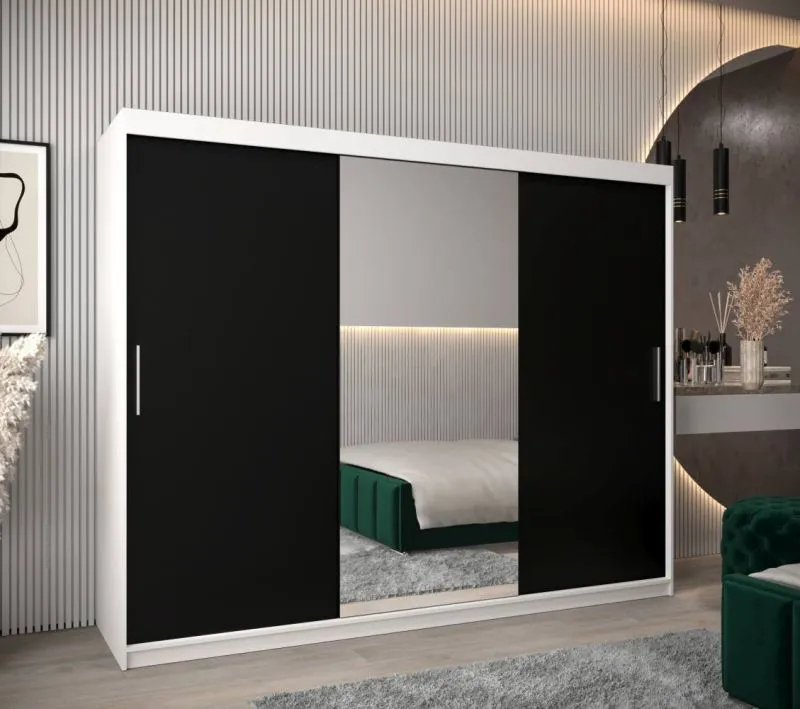 Großer 250 cm breiter Kleiderschrank mit 10 Fächern und 3 Türen | Farbe: Weiß / Schwarz Abbildung