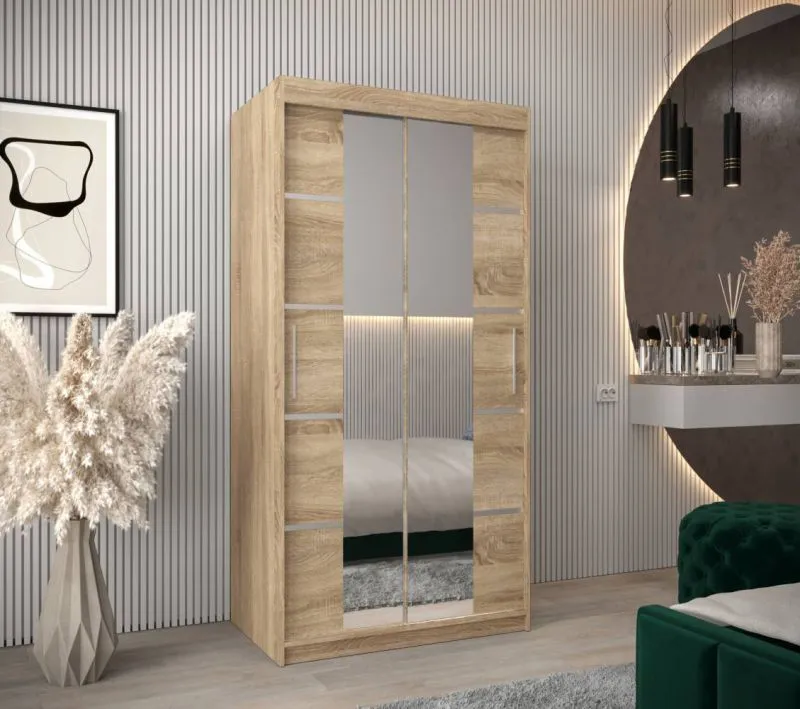 120 cm breiter Schiebetürenschrank mit 2 Türen | 5 Fächer | 2 Kleiderstangen | Farbe: Sonoma Eiche Abbildung