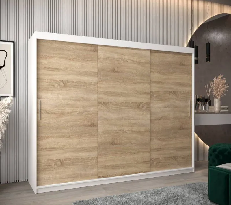 250 cm breiter Schiebetürenschrank mit 3 Türen | 10 Fächer | 2 Kleiderstangen | Farbe: Sonoma Eiche / Weiß Abbildung