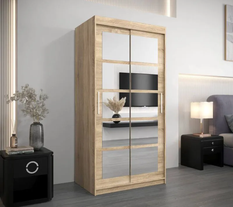100 cm breiter Schiebetürenschrank mit 2 Türen | 5 Fächer | 2 Kleiderstangen | Farbe: Sonoma Eiche Abbildung