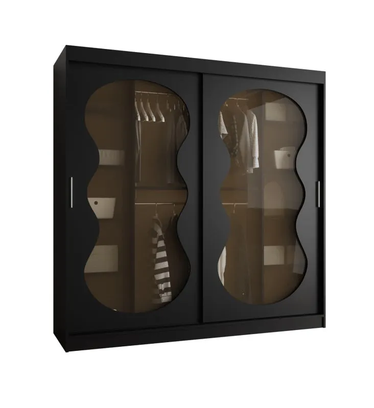 Schiebetürenschrank mit zwei Kleiderstangen Ortler 13, Farbe: Schwarz, 2 Meter breit, 10 Fächer, modernes Design, Kleiderschrank, Türen mit Rauchglas