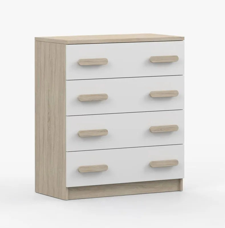 Kommode 80 cm breit| Weiß / Sonoma Eiche | Smolikas 07 | 90 x 80 x 40 cm | 4 Schubladen | braune Holzgriffe | Kinder | Jugend