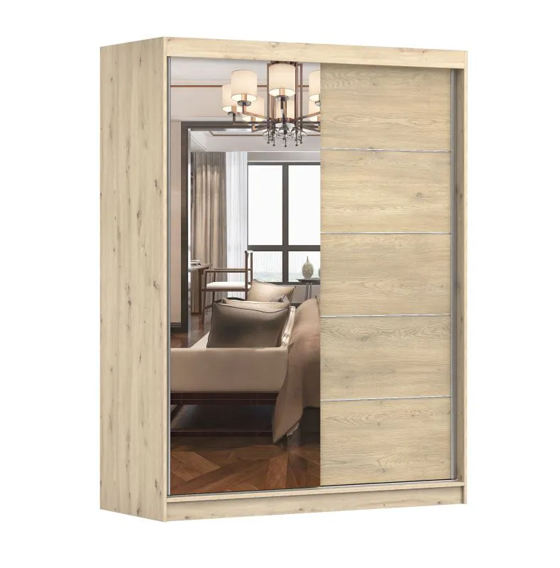 Schiebetürenschrank / Kleiderschrank mit Spiegel | 200 x 150 x 61 cm | Braun / Artisan | Bucegi  17 | 2 Türen | 6 Fächer | Griffe: Aluminium