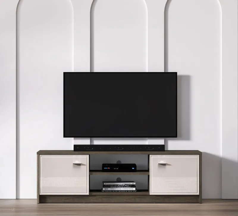 TV-Unterschrank Mackenzie 06 | Farbe: Eiche Dunin / Kaschmir Hochglanz | Maße: 104 x 40 x 85 cm | Griffe: Metall | 2 Türen | ABS-Kanten | Soft-Close