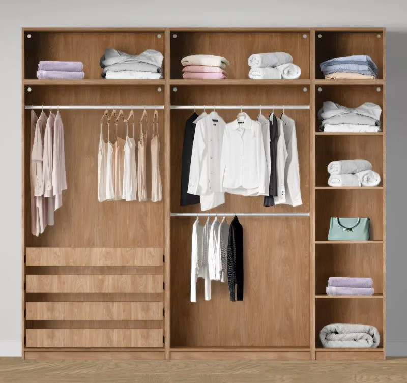 Offener Kleiderschrank | 3 Kleiderstangen | Farbe: Eiche Puccini | 4 Innenschubladen | 8 Fächer | Maße: 256,5 x 55 x 234 cm | 4 Holzeinlegeböden | für Ankleidezimmer