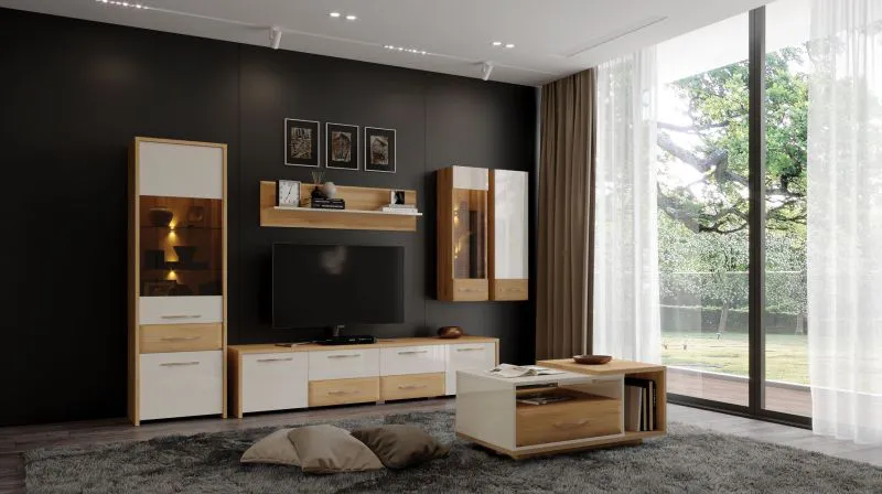 Wohnzimmer Komplett - Set K Gataivai, 6-teilig, Farbe: Beige Hochglanz / Walnuss
