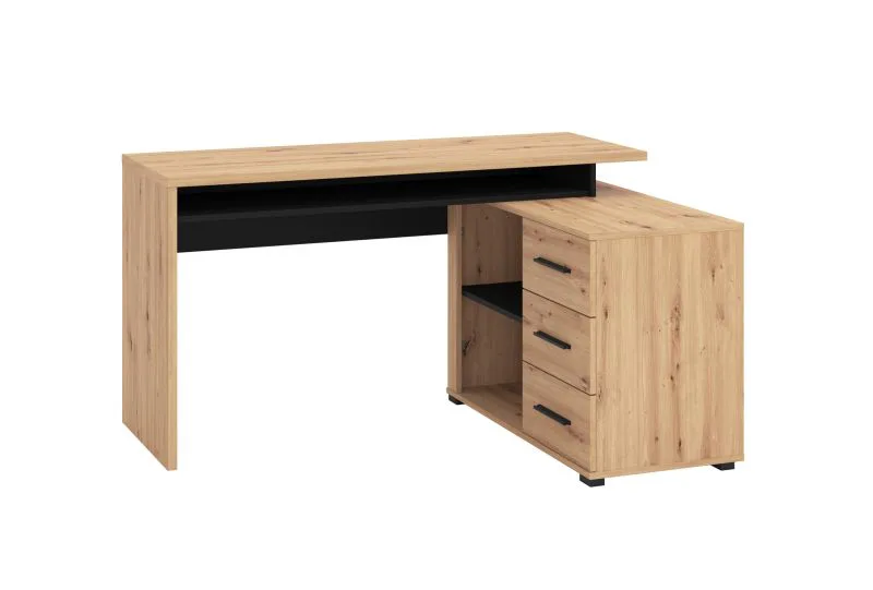 Eckschreibtisch Batani 02, Farbe: Eiche Artisan / Schwarz, drei Schubladen, verstellbaren Element, ABS-Kanten, Maße: 75 x 137,5 x 101,5 cm, zwei Fächer