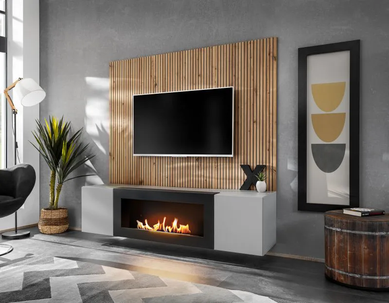 Wohnwand | Bio-Ethanol Kamin | Farbe: Perla Grau / Eiche Artisan | Push-to-open Funktion | Maße: 160 x 40 x 158 cm | Funktionalität & Komfort