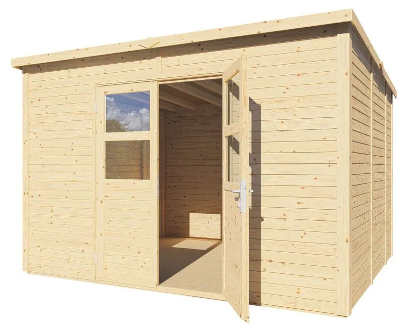 Flachdach-Gartenhaus aus Holz inkl. Fußboden, Natur, Elementgartenhaus, 3,37 x 2,90 Meter, Doppeltür mit Sicherheitsglas