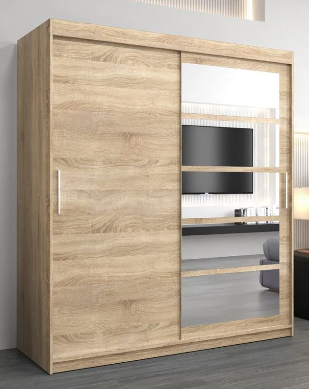 Schiebetürenschrank / Kleiderschrank Aizkorri 04A mit Spiegel, Farbe: Eiche Sonoma - Abmessungen: 200 x 180 x 62 cm (H x B x T)