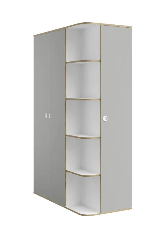 Drehtürenschrank / Kleiderschrank mit drei Türen Ithaka 03, Farbe: Weiß / Grau, eine Kleiderstange, 11 Fächer, Maße: 196,5 x 120 x 60 cm