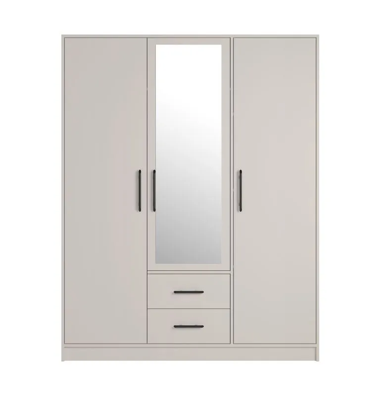 Kleiderschrank mit Spiegel Hannut 12, drei Türen, zwei Schubladen, Farbe: Kaschmir, Maße: 190 x 150 x 56 cm, vier Holzeinlegeböden, eine Kleiderstange