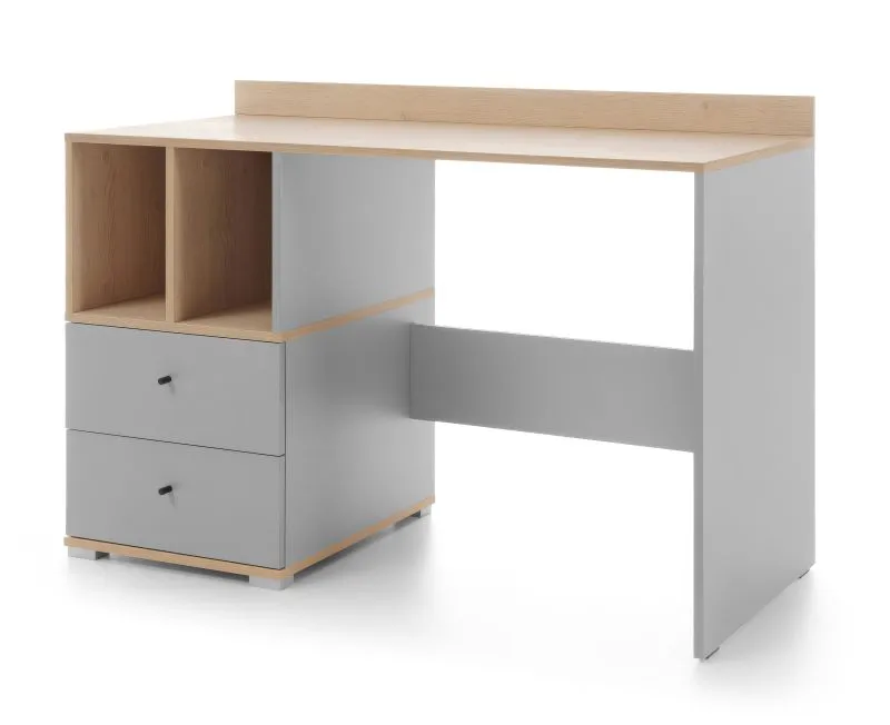 Moderner Schreibtisch mit 2 Schubladen und 2 offenen Fächern, 83 x 120 x 55 cm, Eiche / Grau, Jugendzimmerschreibtisch, schwarze Griffe, ABS-Kanten
