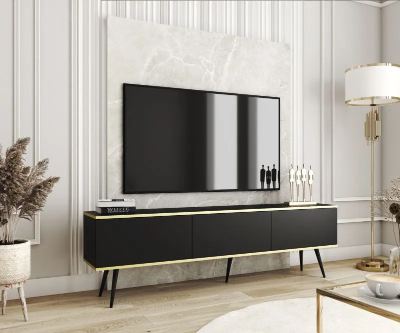 Großer TV-Unterschrank / TV-Board Horsham 32, Farbe: Schwarz, drei Kippfächer, hängend montierbar, Push-to-open Funktion, ABS-Kantenschutz, für Wohnzimmer