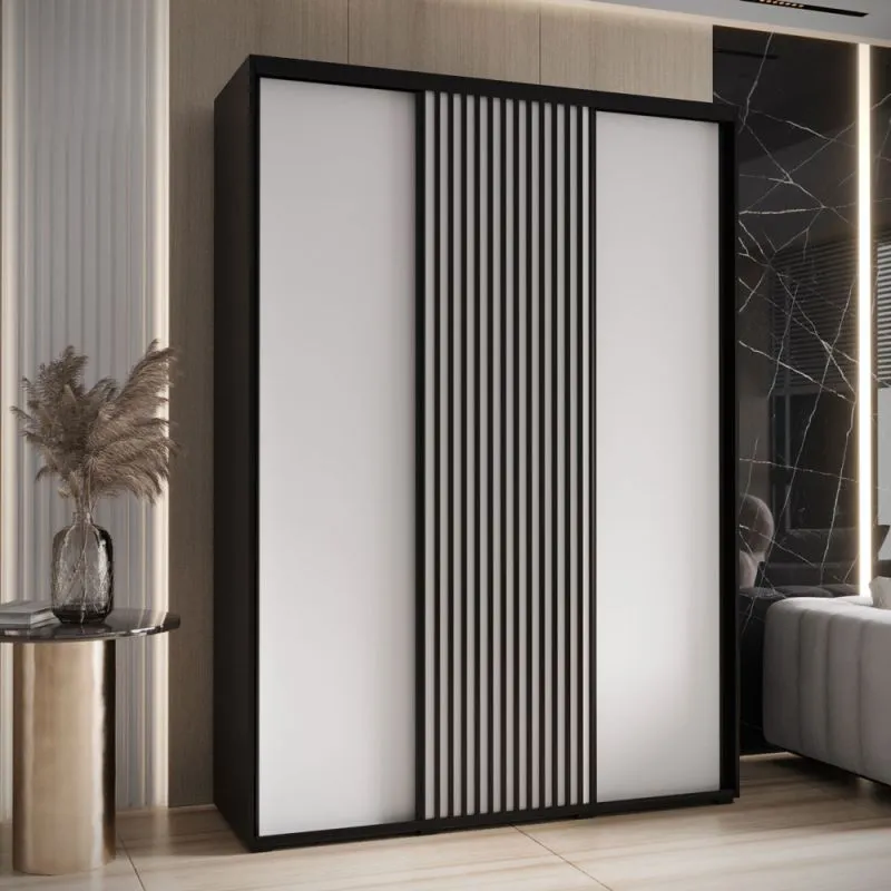 Schiebetürenschrank Mina in Schwarz/Weiß, Front aus laminierter Platte,  Anti Staubbürsten, schwarze Metallgriffe, platzsparend, 235,2 x 180 x 60 cm