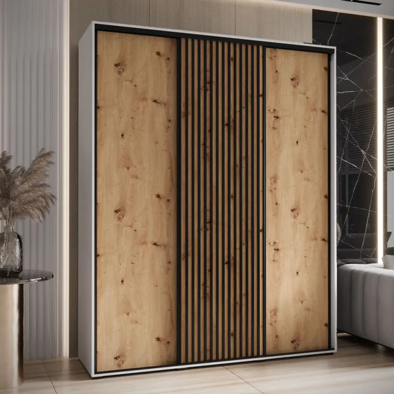 Kleiderschrank Tharo mit Schiebetüren in Weiß/Eiche gehalten, Anti Staubbürsten, platzsparend, viel Stauraum, 235,2 x 190 x 45 cm, robust, moderne Optik