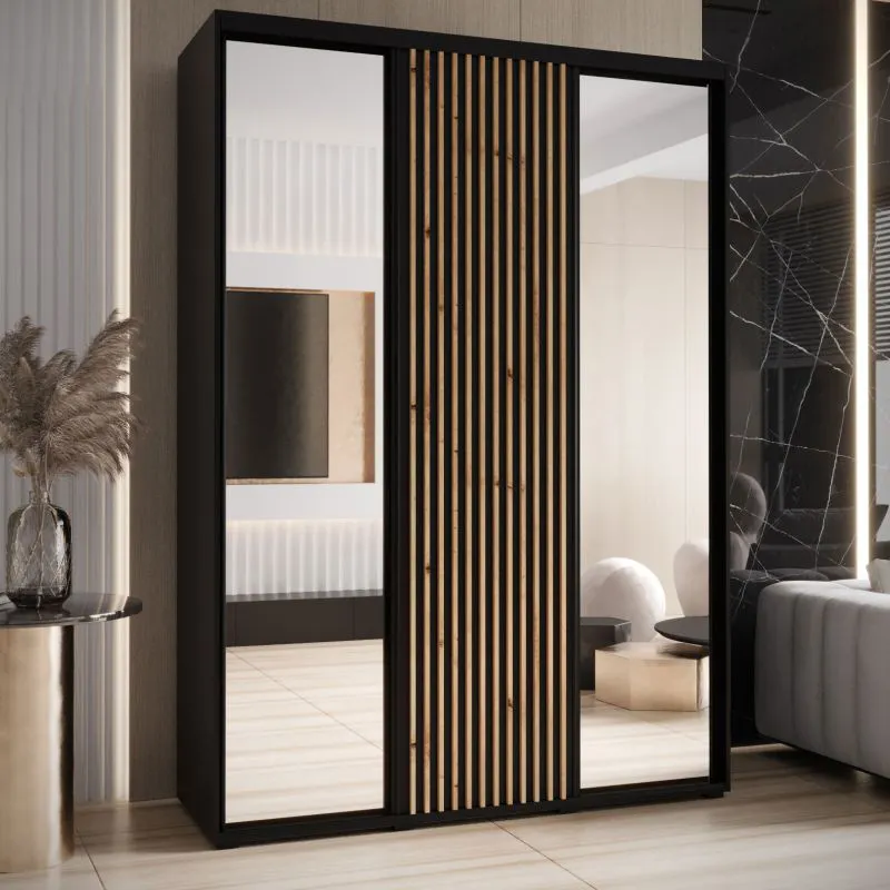 Schwarzer Schiebetürenschrank Mina mit Spiegeln, modernes Design, schwarze Metallgriffe, inklusive Anti-Staubbürsten, viel Stauraum, 235,2 x 180 x 60 cm