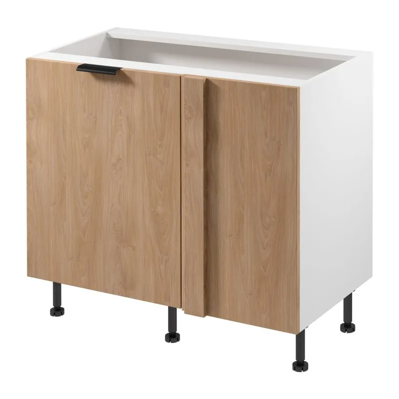 Küchenunterschrank / Eckunterschrank | 1 Drehtür | Farbe: Weiß / Eiche Puccini | Push-to-open Funktion | Soft-Close Funktion | 2 Fächer | 100 x 56 x 87 cm | Türanschlag: Rechts