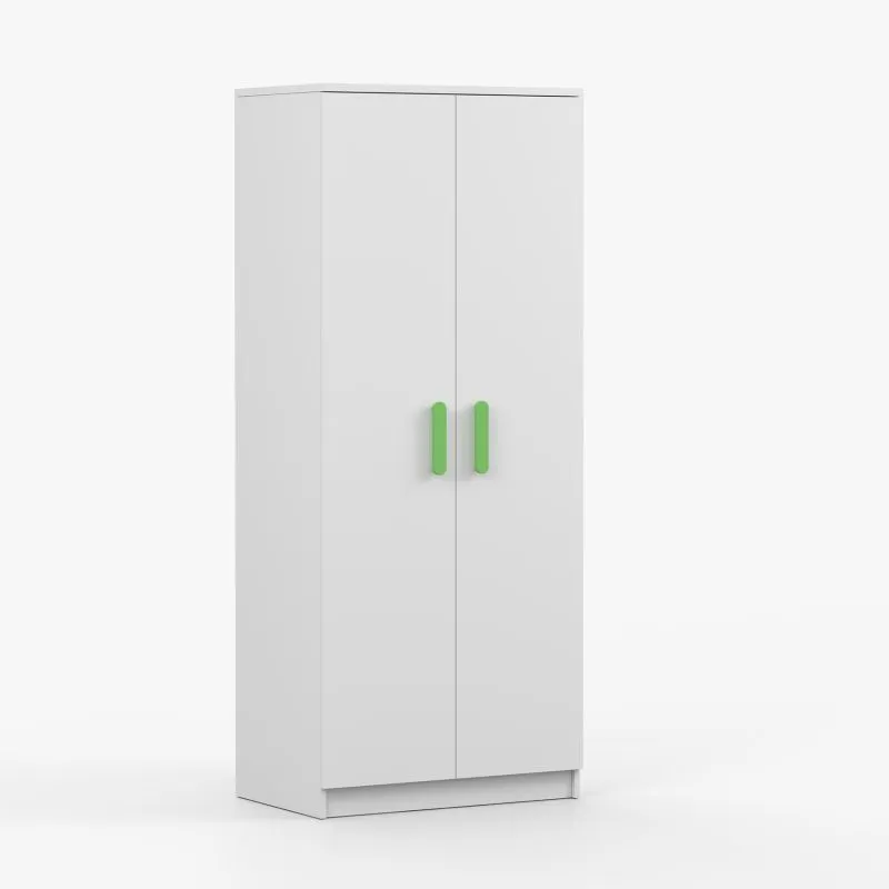 Kleiderschrank  / Drehtürenschrank | Smolikas 68 | Weiß | 2 Türen | 192 x 80 x 50 cm | 5 Fächer | grüne Holzgriffe | 1 Kleiderstange | eckig