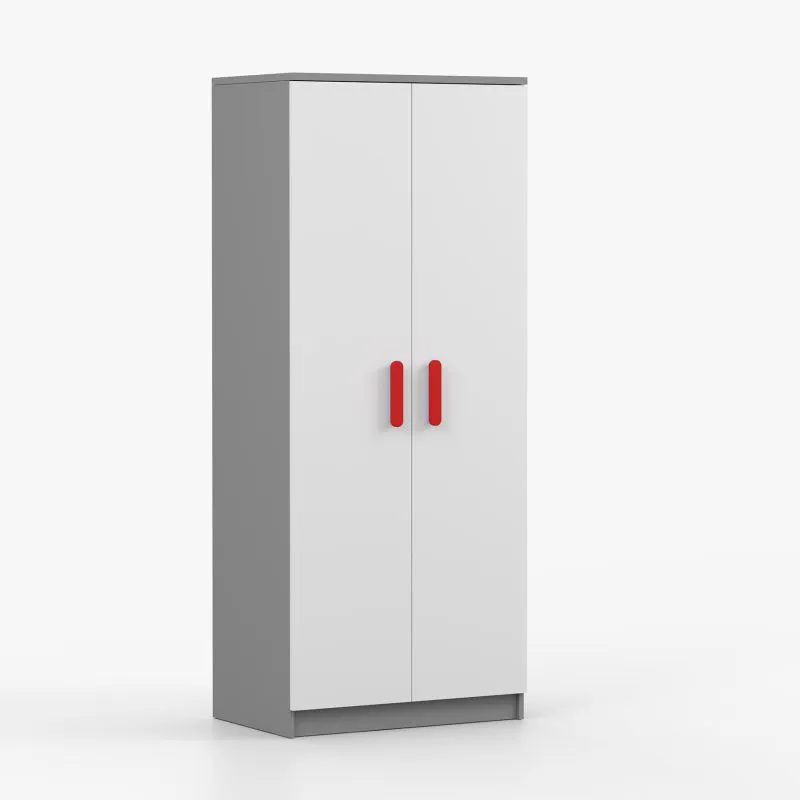 Kleiderschrank / Drehtürenschrank | Weiß / Grau | Smolikas 61 | 2 Türen | 1 Kleiderstange | 192 x 80 x 50 cm | rote Holzgriffe | 5 Fächer | eckig