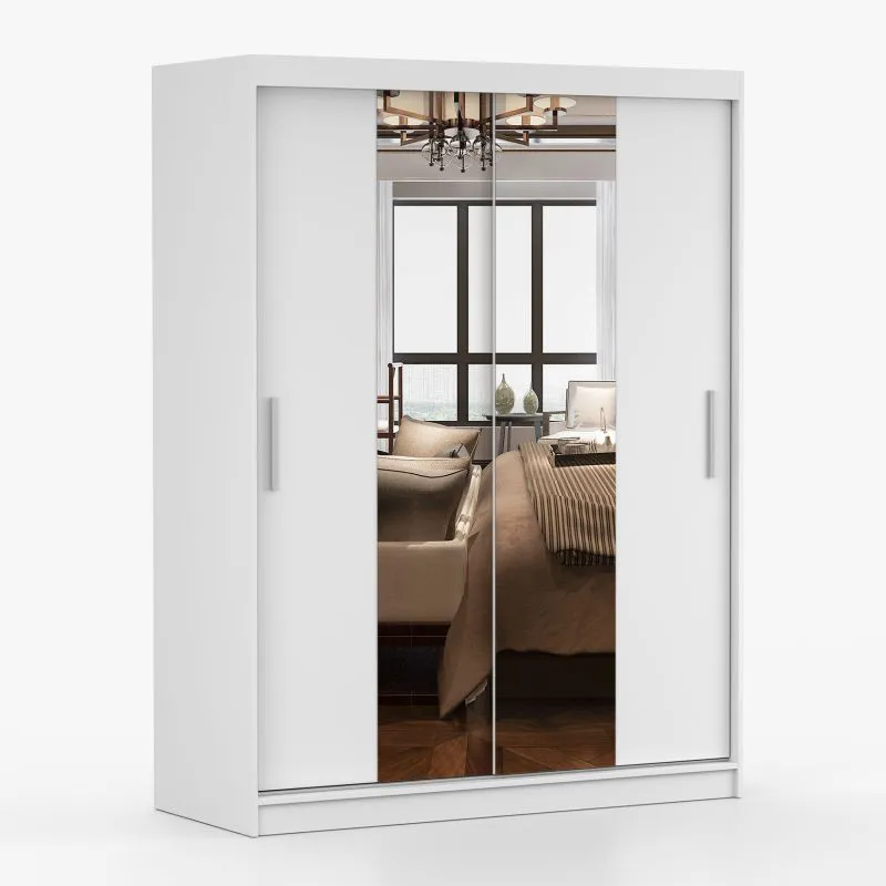 Kleiderschrank / Schiebetürenschrank 1,5 Meter breit | Bucegi  01 | Weiß | mit Spiegel | 2 Türen | 6 Fächer | Griffe: Aluminium | 200 x 150 x 61 cm