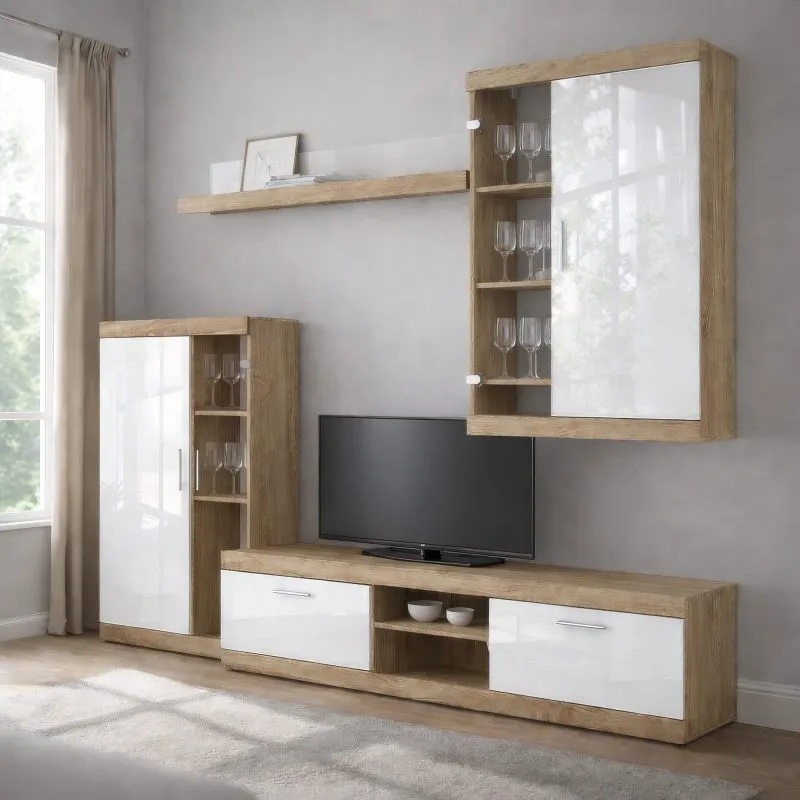 Wohnwand Celesco 2 |4 teilig | Farbe: Sonoma/Weiß Hochglanz | 260 x 42 x 206 cm | Ganzmetallbeschläge