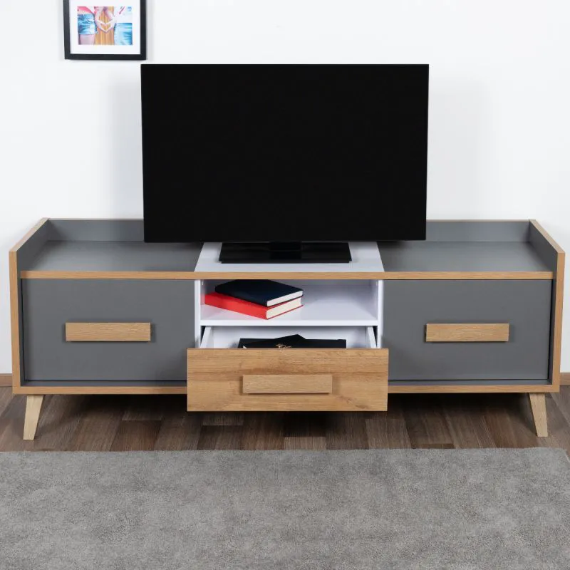 TV-Unterschrank Caranx 7, Farbe: Weiß / Eiche / Anthrazit - Abmessungen: 57 x 160 x 42 cm (H x B x T)