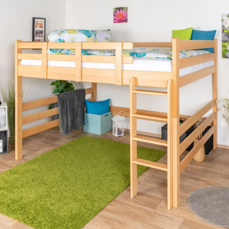 Hochbett 160 x 190 cm für Erwachsene "Easy Premium Line" K23/n, Buche Massivholz Natur lackiert, teilbar