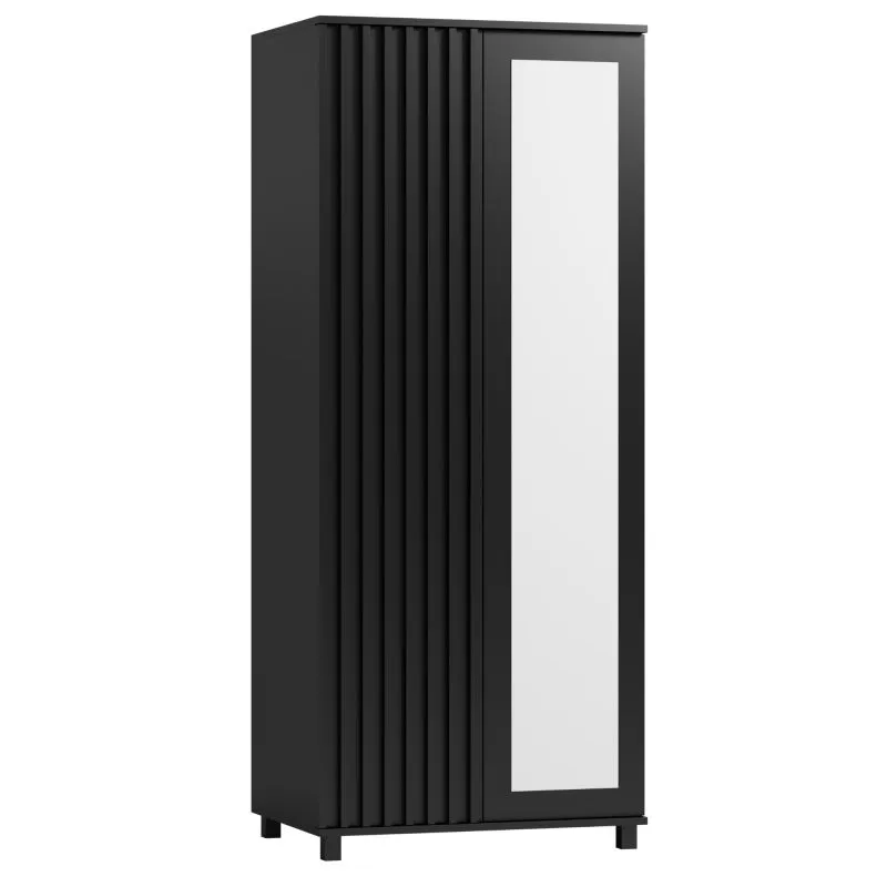 Schwarzer Kleiderschrank mit Spiegel, Fronten mit Lamellen, 200 x 84 x 60 cm, mit 2 Türen und 7 Fächern, 1 Kleiderstange, ABS-Kanten