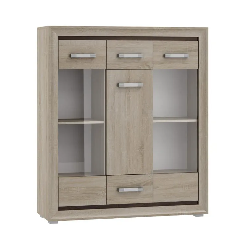 Vitrine Kundiawa 09, Farbe: Sonoma Eiche hell / Sonoma Eiche dunkel - Abmessungen: 140 x 120 x 40 cm (H x B x T)