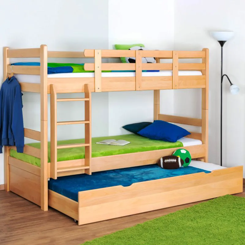 90 x 200 cm Etagenbett inkl. Ausziehbett für 3. Liegeplatz 90 x 190 cm (Bettkasten/Stauraum) | Massivholz: Buche | Natur Lackiert | umbaubar/teilbar in zwei Einzelbetten | inkl. Rollroste Abbildung