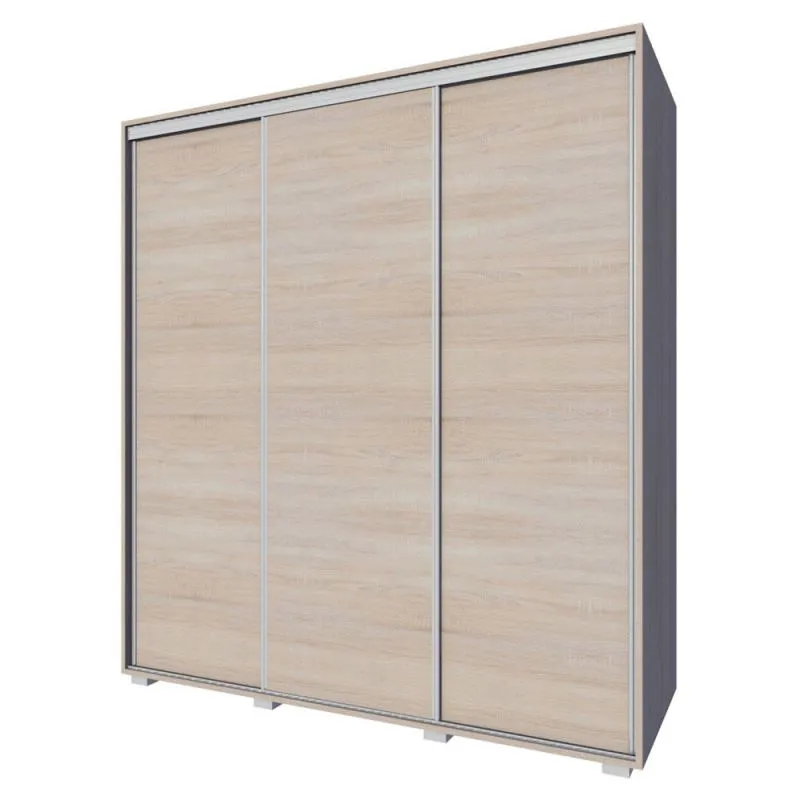 Kleiderschrank | 3 Schiebetüren | 3 Schubladen | 6 Fächer | mit 2 Kleiderstangen | 150 cm breit | Farbe: Sonoma Eiche Abbildung