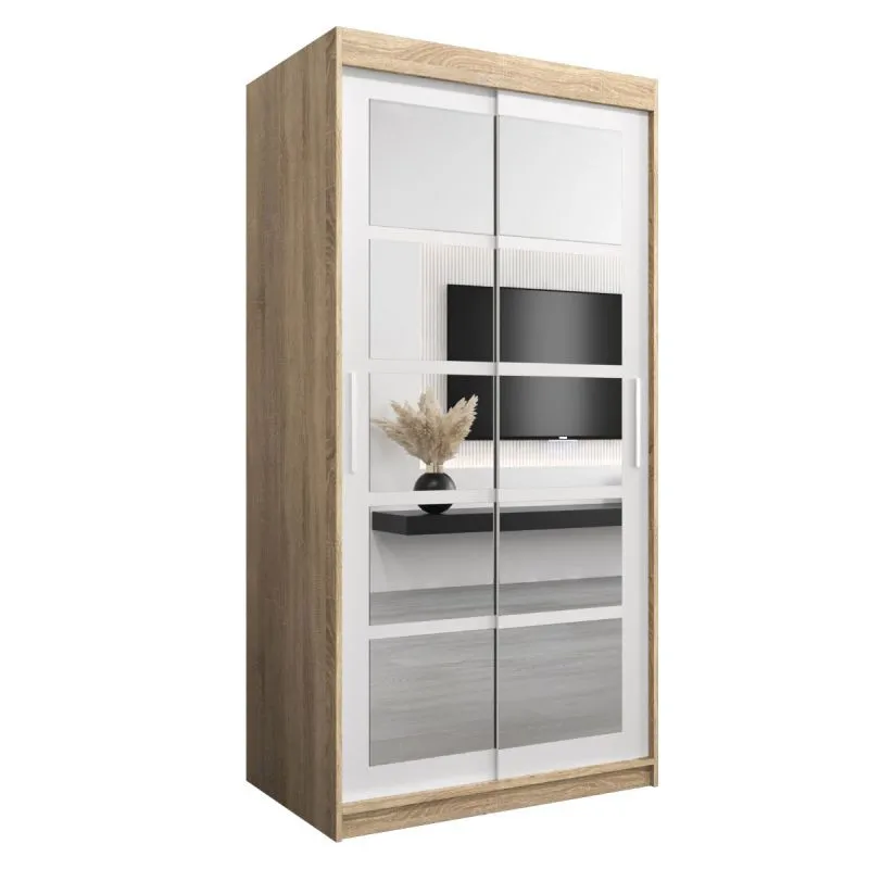100 cm breiter Schiebetürenschrank mit 2 Türen | 5 Fächer | 2 Kleiderstangen | Farbe: Sonoma Eiche / Weiß Abbildung