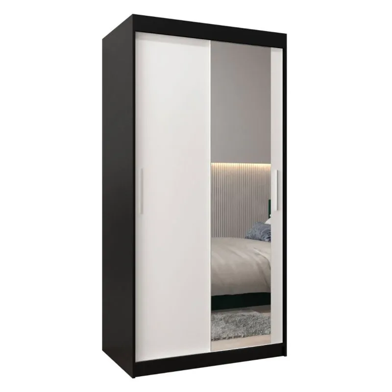 100 cm breiter Schiebetürenschrank mit 2 Türen | 5 Fächer | 2 Kleiderstangen | Farbe: Weiß / Schwarz Abbildung