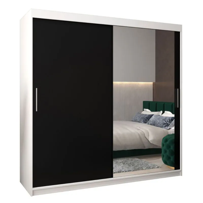 200 cm breiter Schiebetürenschrank mit 2 Türen | 10 Fächer | 2 Kleiderstangen | Farbe: Weiß / Schwarz Abbildung