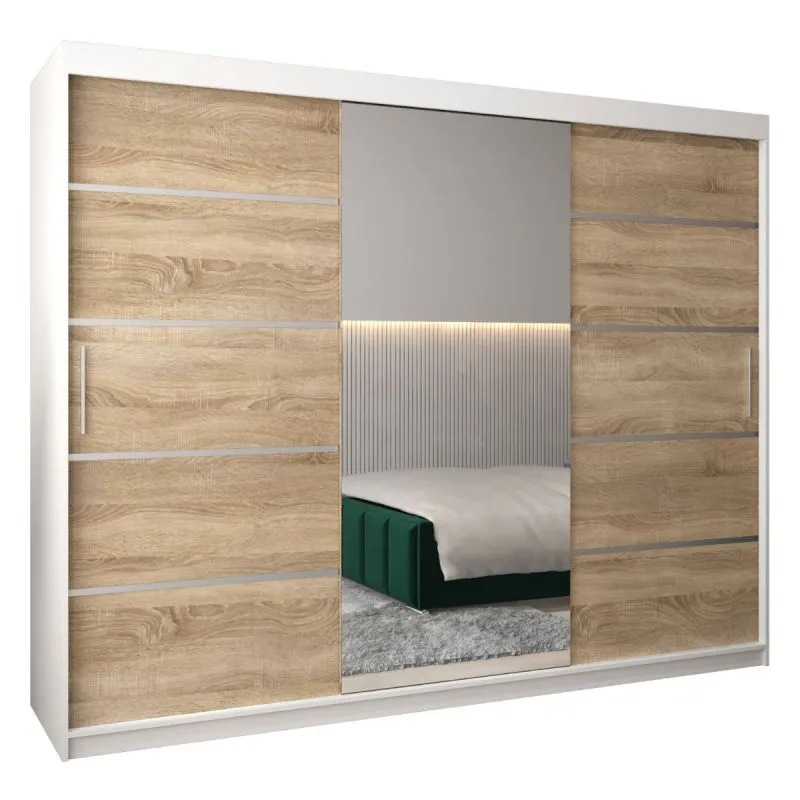 250 cm breiter Schiebetürenschrank mit 3 Türen | 10 Fächer | 2 Kleiderstangen | Farbe: Sonoma Eiche / Weiß Abbildung