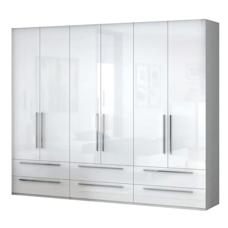 Großer Kleiderschrank | 6 Drehtüren | 6 Schubladen | 3 Fächer | mit 3 Kleiderstangen | 272 cm breit | Farbe: Weiß Abbildung