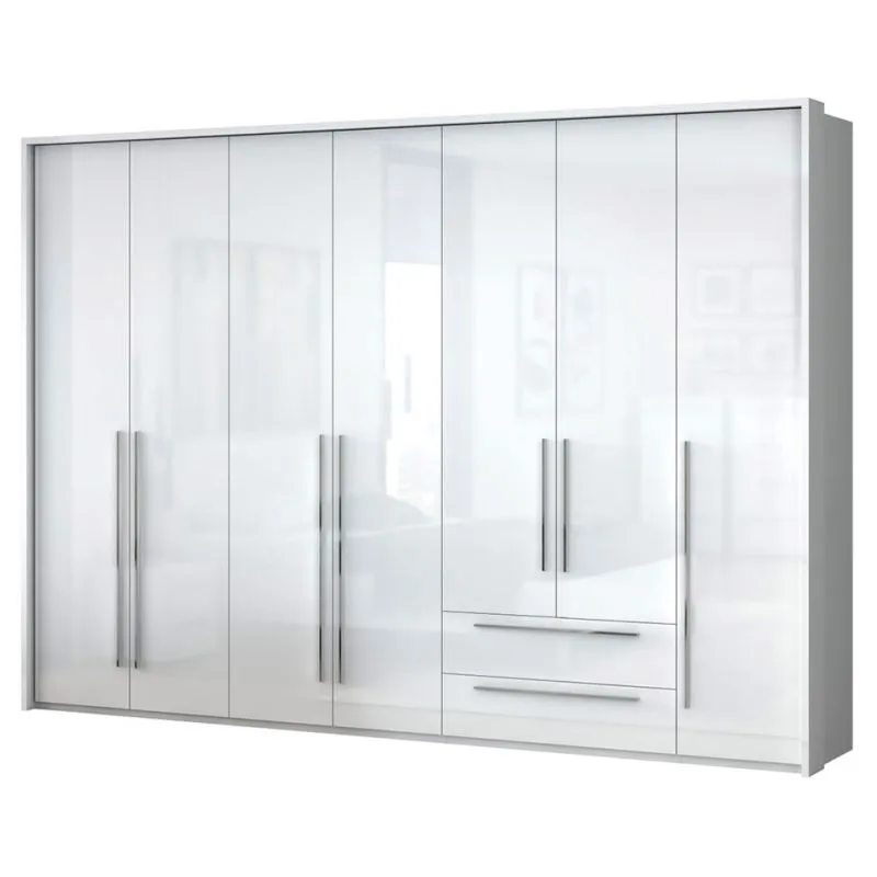 Großer Kleiderschrank | 7 Drehtüren | 2 Schubladen | 10 Fächer | mit 4 Kleiderstangen | 322 cm breit | Farbe: Weiß Abbildung