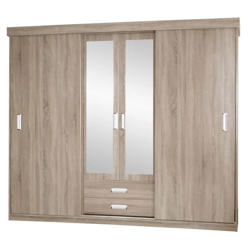 Großer 250 cm breiter Kleiderschrank mit 4 Türen, 5 Fächern und 2 Schubladen | Farbe: Sonoma Eiche | Tiefe: 62 cm Abbildung
