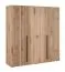 Eleganter Kleiderschrank mit 4 Drehtüren in Eiche, teilweise gerillt, 209 x 200 x 57 cm, 6 Fächer und 3 Kleiderstangen, schwarze längliche Griffe